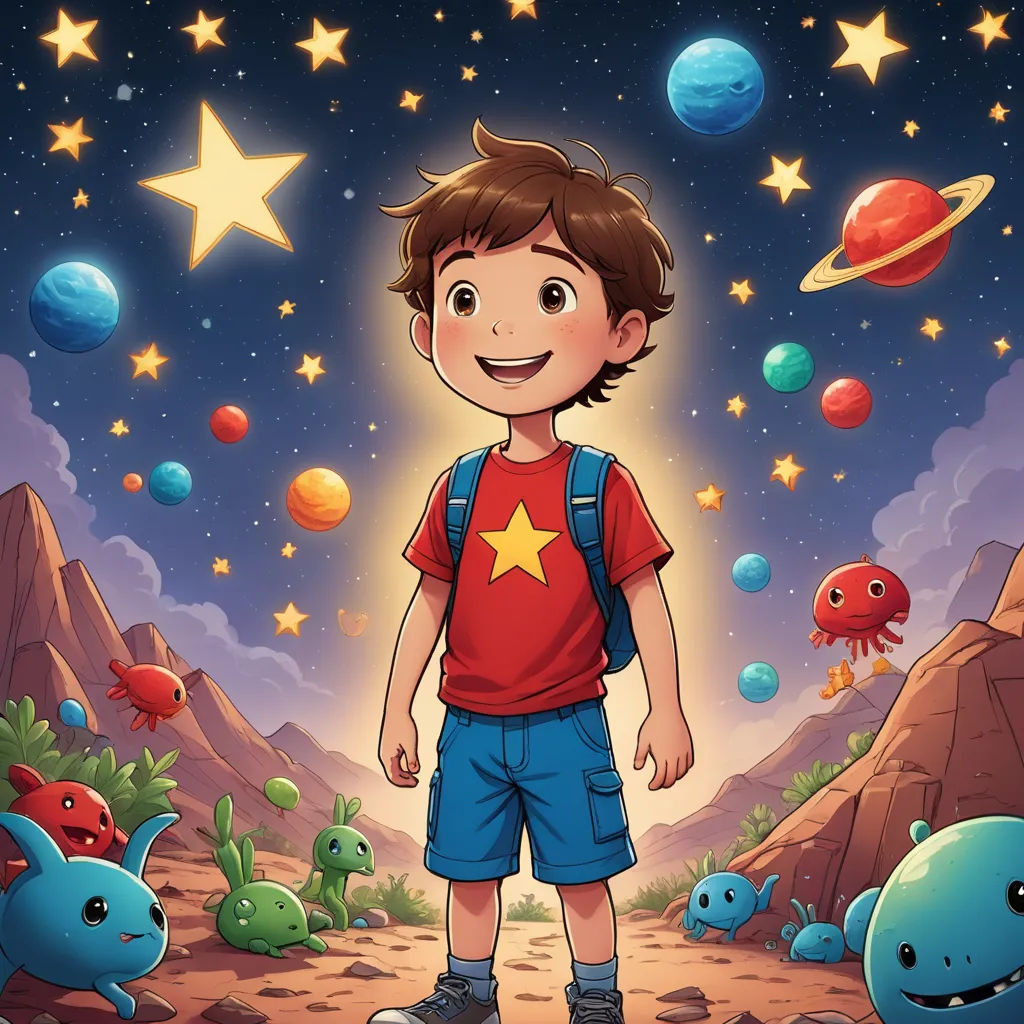 a boy standing in the middle of a field with planets and stars in the sky above him is a star, space art, a storybook illustration, Diego Gisbert Llorens, comic cover art