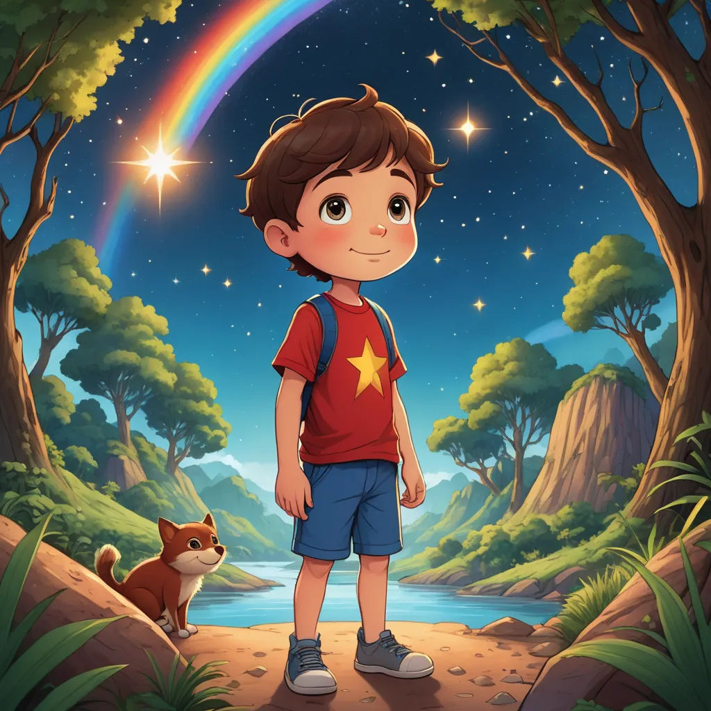a boy standing in the middle of a forest with a rainbow in the background and a dog nearby on the ground, space art, a storybook illustration, Diego Gisbert Llorens, promotional image