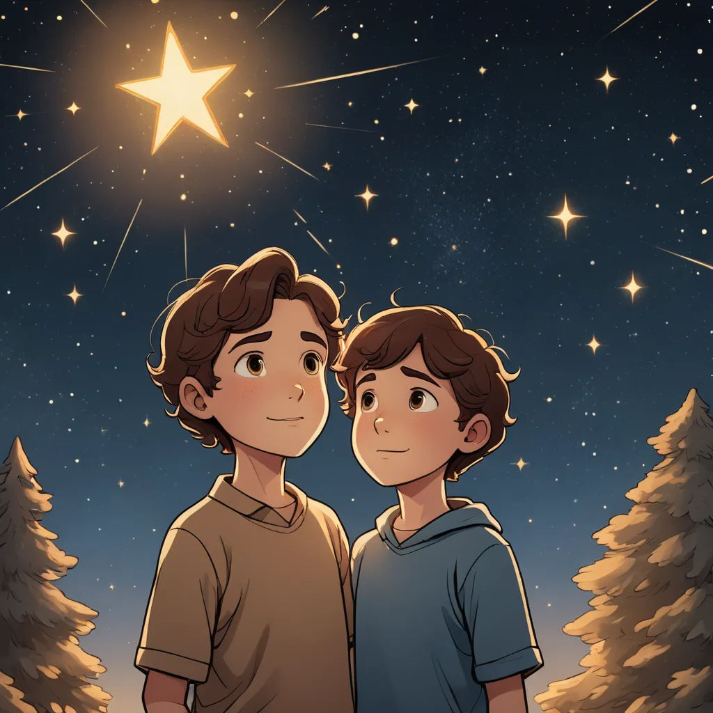 two boys standing in front of a star filled sky with trees in the foreground and a star above them, space art, a storybook illustration, Diego Gisbert Llorens, stars
