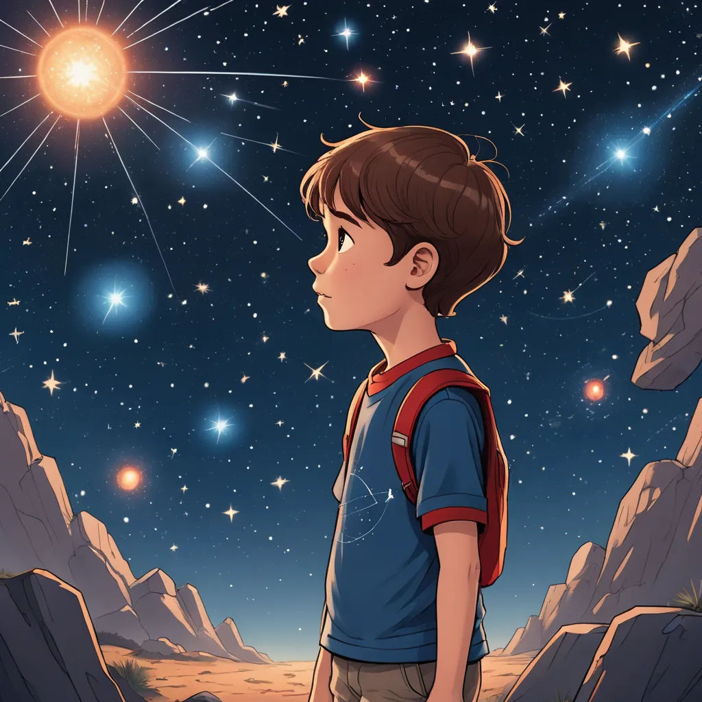 a boy standing in front of a mountain under a star filled sky with stars in the sky above him, space art, a storybook illustration, Diego Gisbert Llorens, sense of awe
