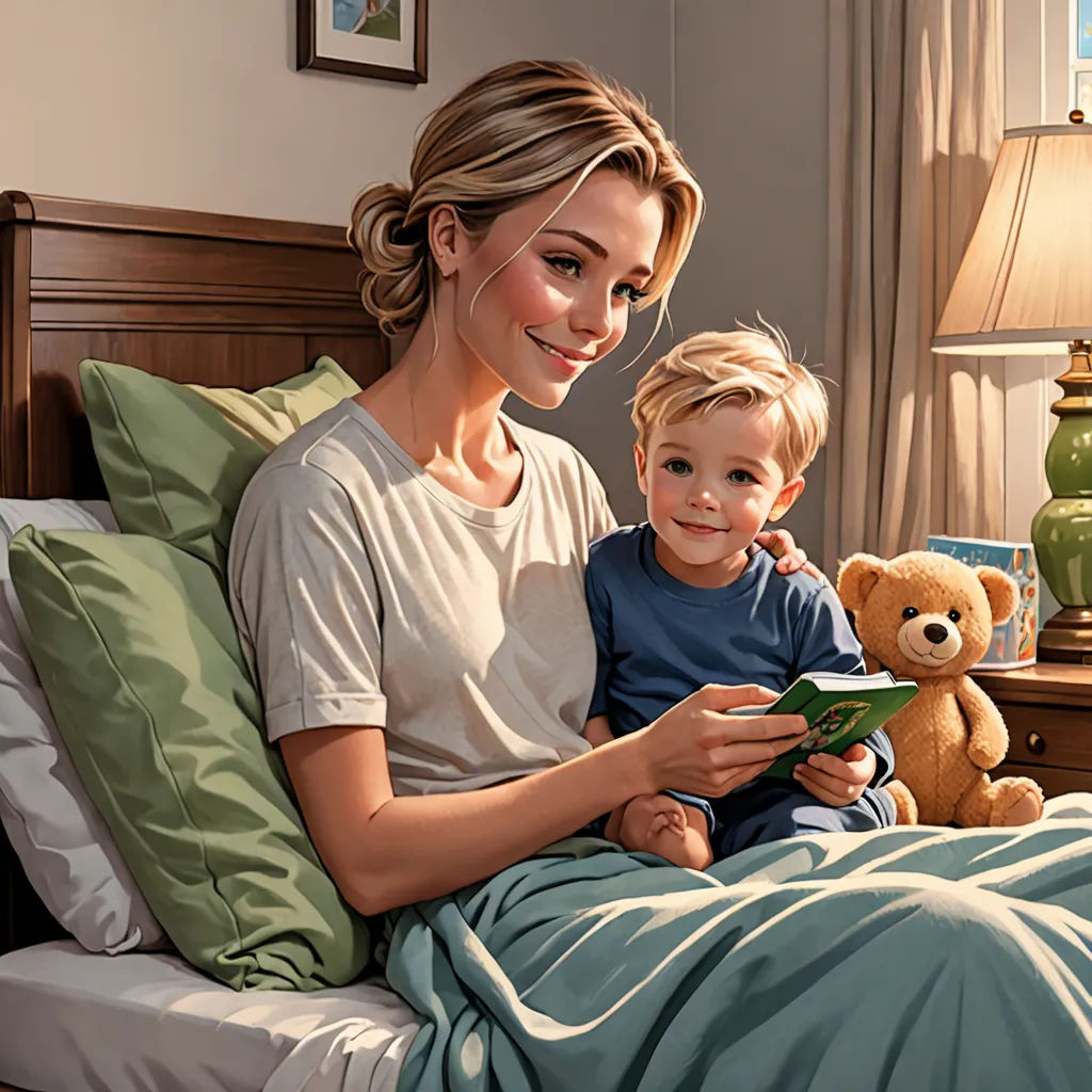a woman and a child sitting on a bed with a teddy bear and lamp in the background, and a painting of a woman holding a boy, american realism, a storybook illustration, Bob Byerley, storybook illustration