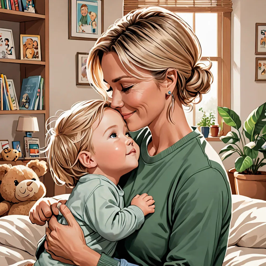 a woman holding a child in her arms while sitting on a bed with a teddy bear in the background, hyperrealism, a storybook illustration, Colin Middleton, storybook illustration
