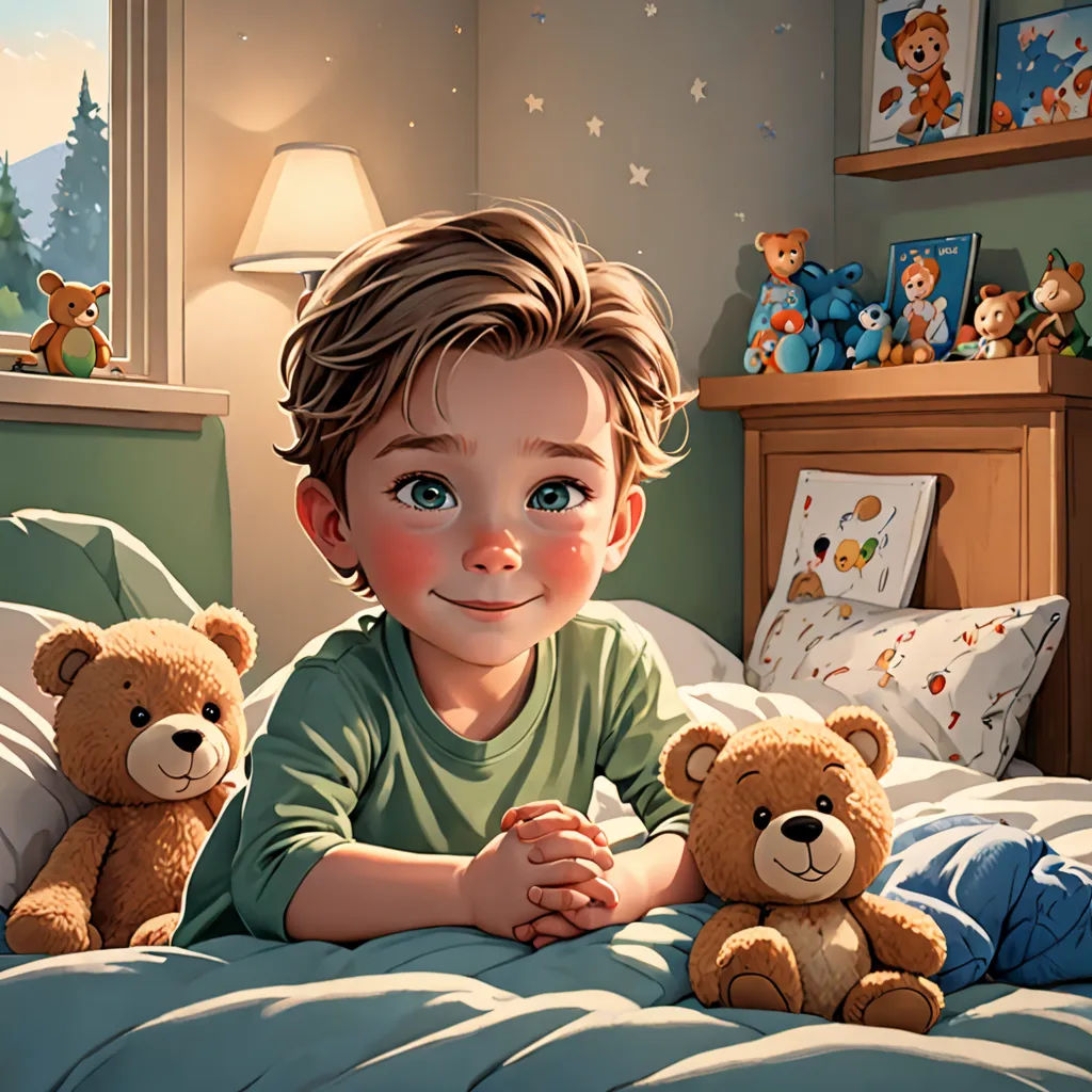 a boy laying in bed with two teddy bears next to him and a teddy bear on the bed with the teddy bear, photorealism, a storybook illustration, Alejandro Burdisio, rossdraws global illumination