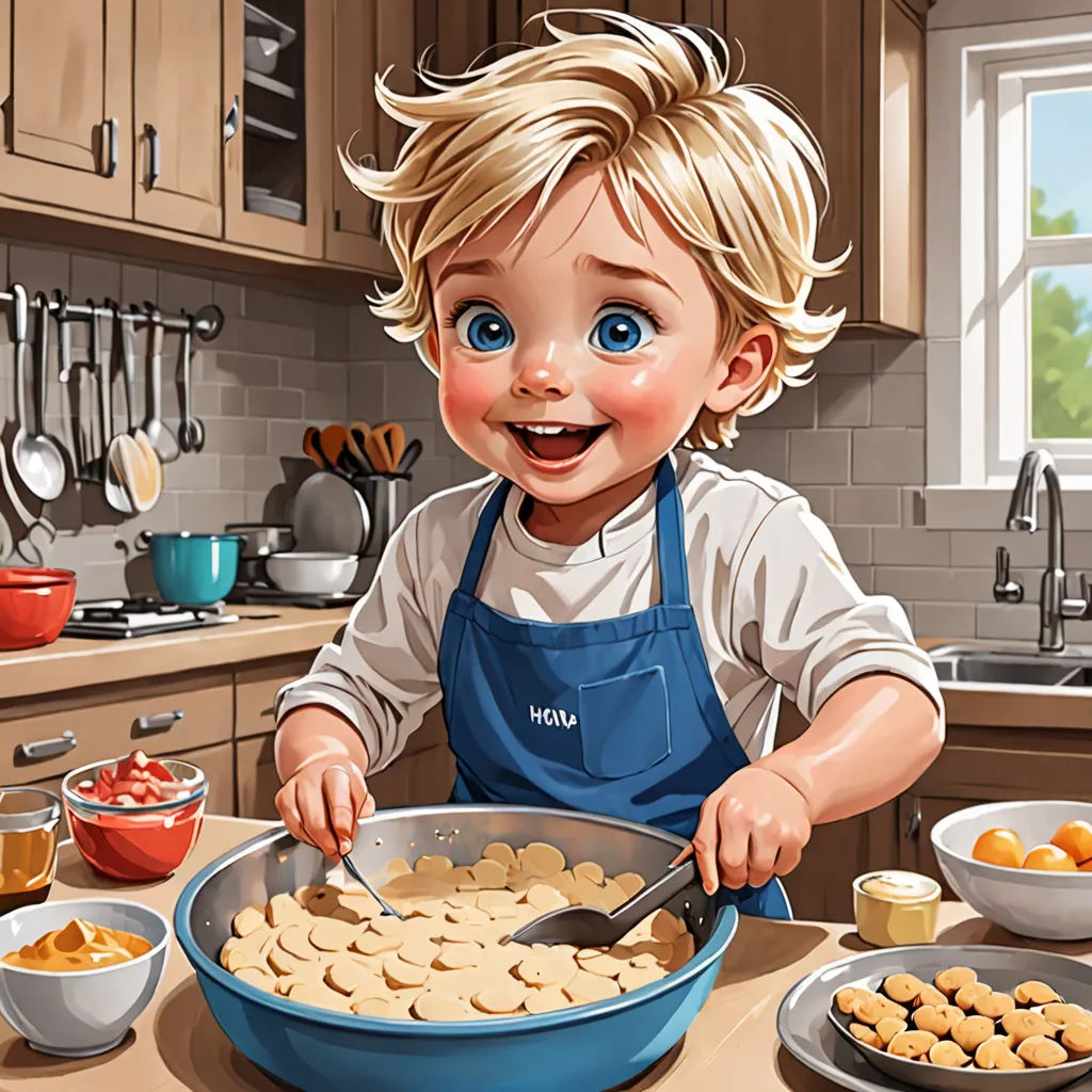 a child is making cookies in a kitchen with a blue apron on and a blue pan with cookies on it, photorealism, a storybook illustration, Cliff Childs, highly detailed digital painting