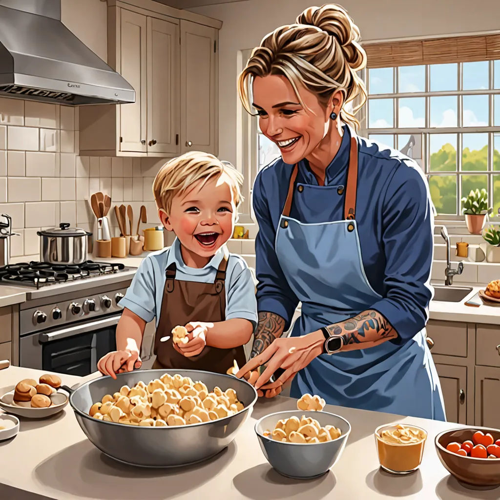 a woman and a child are cooking in a kitchen together, and the child is smiling at the camera, photorealism, a storybook illustration, Ella Guru, high detail illustration