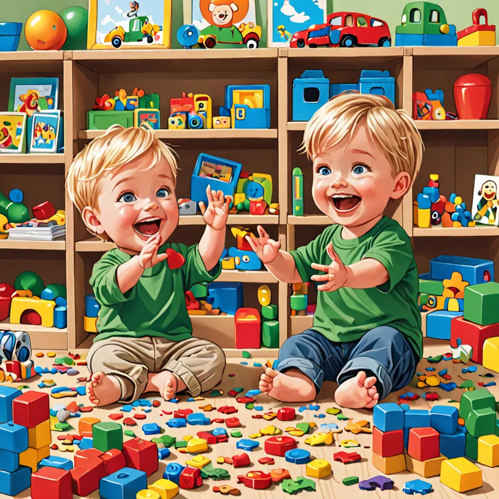 two children playing with toys in a room full of toys and bookshelves with a green wall and a blue wall, photorealism, a storybook illustration, Brothers Hildebrandt, highly detailed digital painting