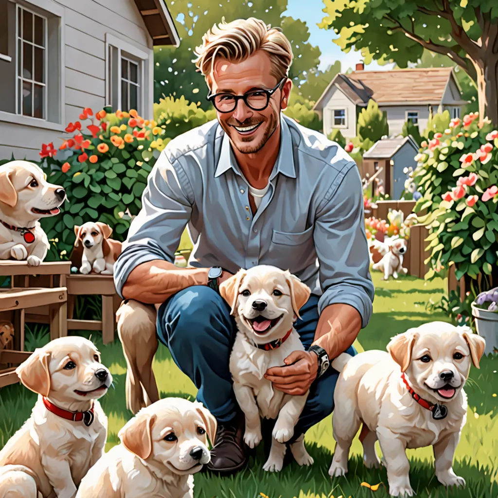 a man sitting on a bench with five dogs in front of him and a house in the background with flowers, furry art, a storybook illustration, Edwin Georgi, kinkade