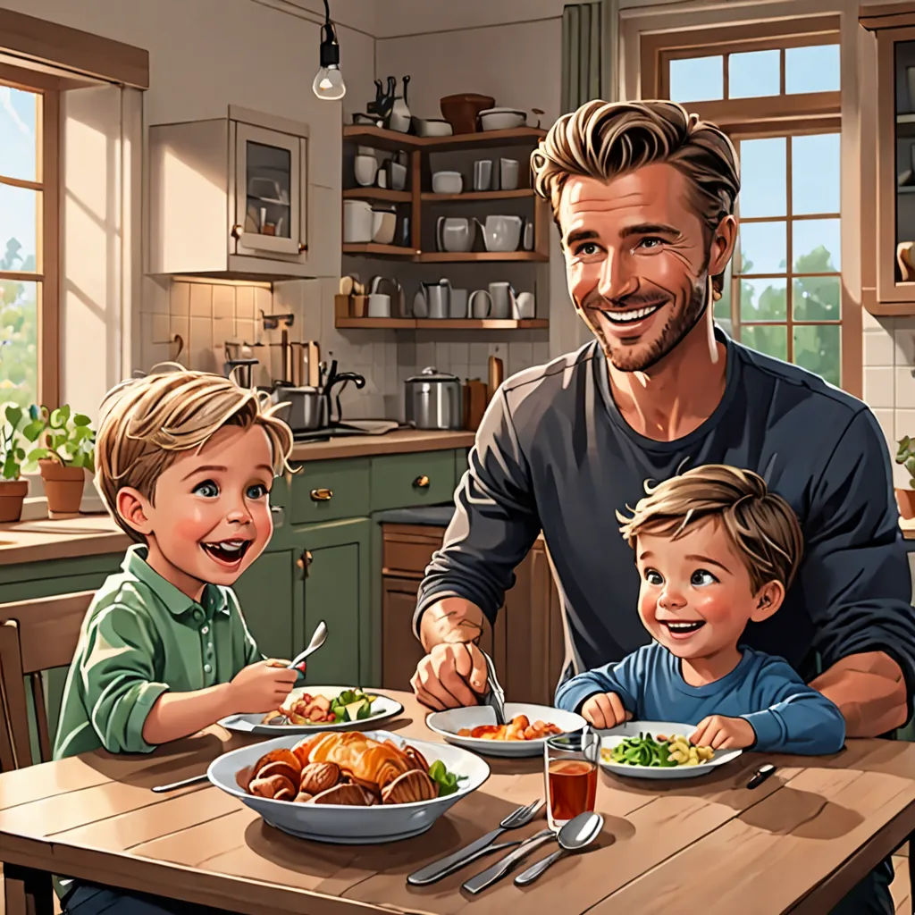 a man and two children sitting at a table with a plate of food in front of them and a bowl of food in front of them, verdadism, a storybook illustration, Cliff Childs, ultra realistic illustration