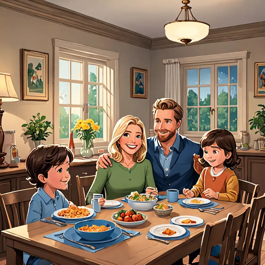 a family sitting at a table eating dinner together, with a man and woman standing next to them, and a child sitting at the table, american scene painting, a storybook illustration, F Scott Hess, promotional image