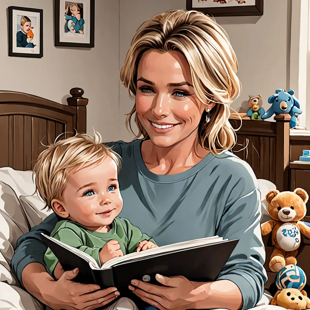 a woman is reading a book to a baby while sitting on a bed with a teddy bear and a teddy bear, lyco art, a storybook illustration, Anna Katharina Block, storybook illustration