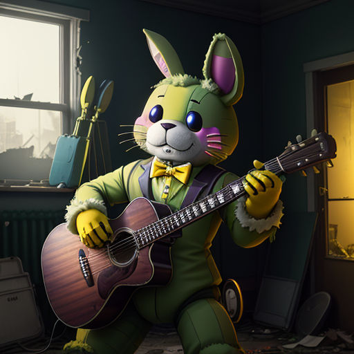 a cartoon rabbit playing a guitar in a room with a window and a lamp on the wall behind it