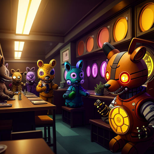 a group of cartoon characters sitting at a table in a room with a wall of lights behind them and a teddy bear