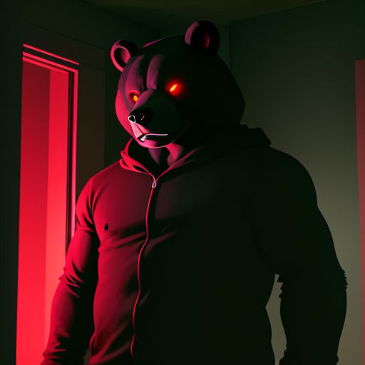 a man in a dark room with a red light on his face and a bear mask on his face