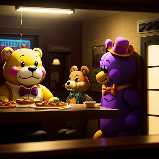a group of teddy bears sitting at a table eating pizza together in a restaurant with a bear standing next to them