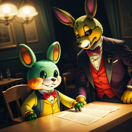 a rabbit and a rabbit in a suit sitting at a table with a paper in front of them and a paper in front of them