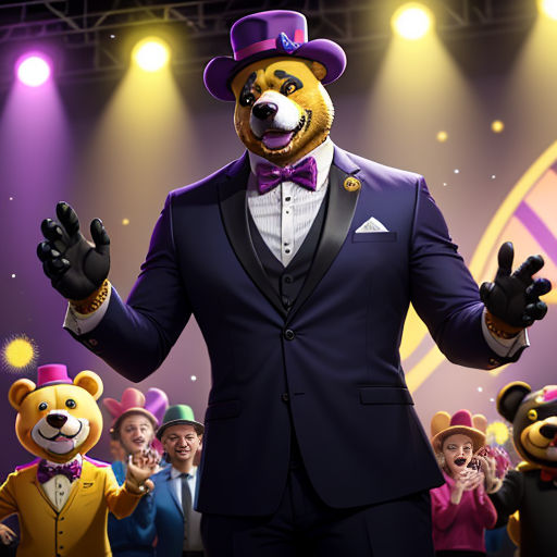 a man in a suit and top hat with a bear in front of a crowd of people in costume