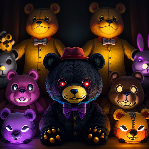 a group of teddy bears with glowing eyes and ears, all dressed in different colors, sitting on a shelf