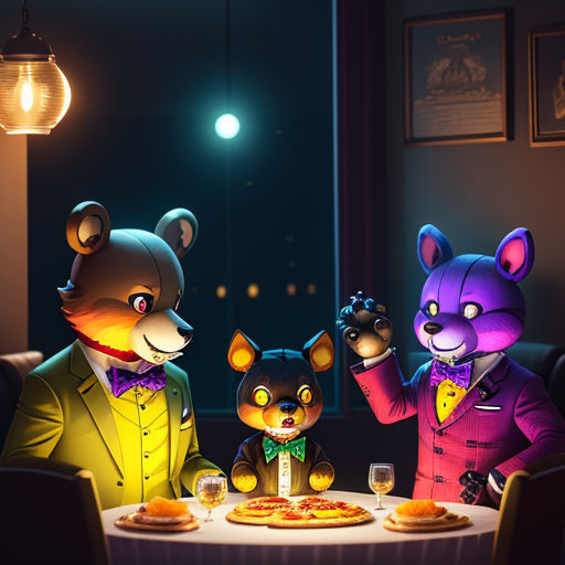 a couple of bears sitting at a table with pizza and drinks in front of them, with a lit up window behind them