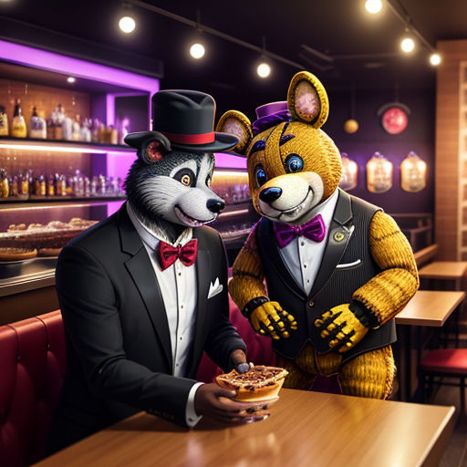 two animals dressed in suits and ties are sitting at a table in a restaurant with a man in a top hat