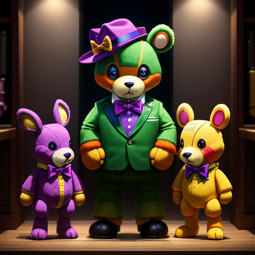 a group of stuffed animals standing next to each other in a room with a dark background and a light on