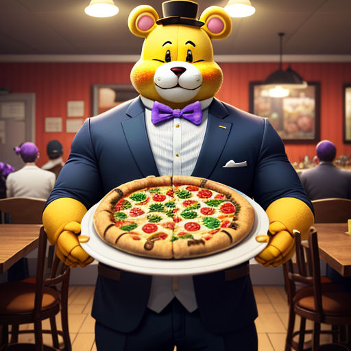 a man in a suit holding a pizza in front of a table with chairs and a teddy bear wearing a top hat