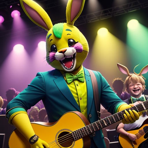 a man in a bunny suit playing a guitar and a little boy in a bunny suit singing into a microphone
