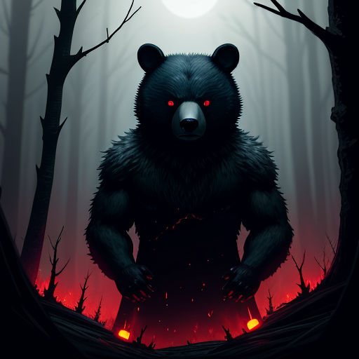 a bear with glowing eyes standing in a forest at night with a full moon in the background and a red light in the foreground