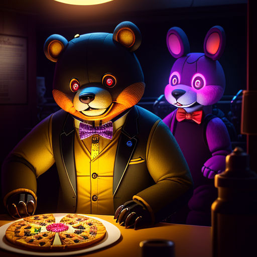 a bear and a bear in a suit are sitting at a table with a pizza on it and a bear in a suit is standing behind the table