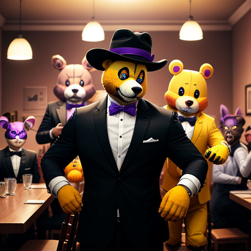 a man in a suit and tie standing in front of a group of stuffed animals in a restaurant setting