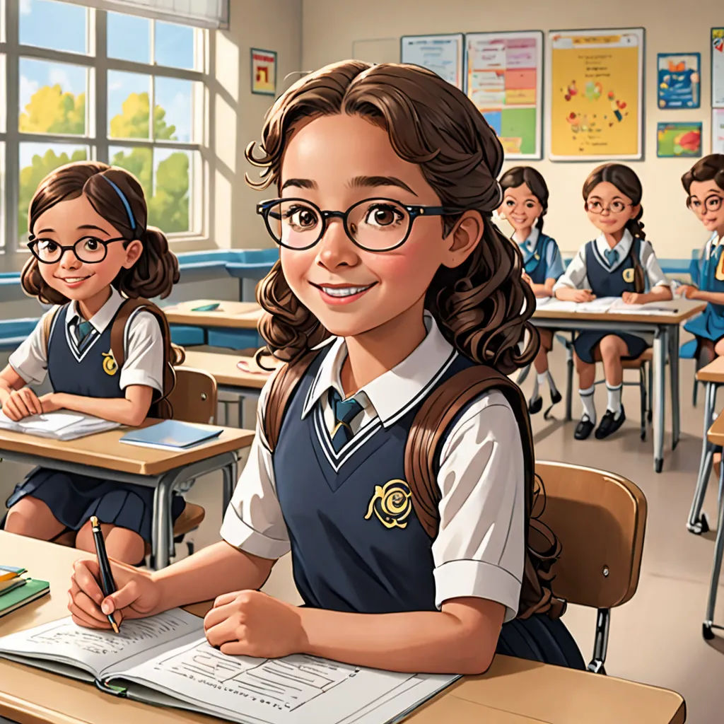 a girl sitting at a desk with a book and pencil in her hand and another girl standing behind her, danube school, computer graphics, Alejandro Burdisio, official art