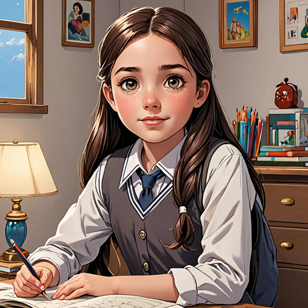a girl sitting at a desk with a book and pen in her hand and a lamp on the desk, remodernism, a storybook illustration, Artgerm, high detail illustration