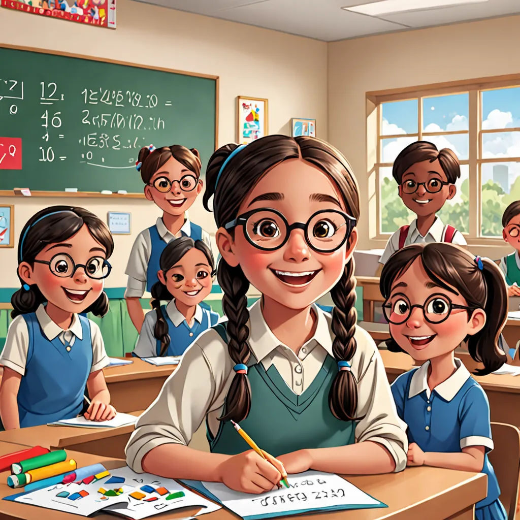 a cartoon of a girl in a classroom with other children in the background and a teacher in the foreground, danube school, a storybook illustration, Ella Guru, official art