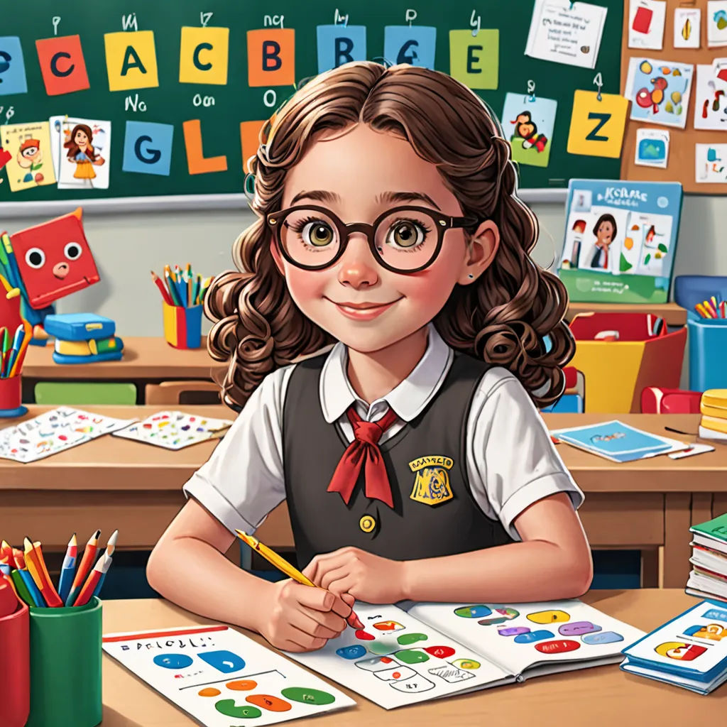 a girl sitting at a desk with a book and pencils in front of her and a book with letters on it, quito school, a storybook illustration, Diego Gisbert Llorens, professional digital painting