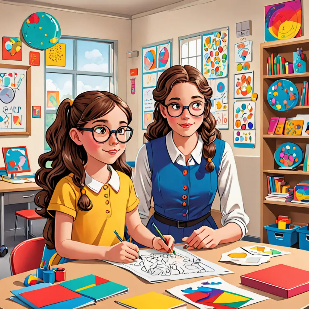 a girl and a girl are sitting at a table with a coloring book and a pencil in their hands, naive art, a storybook illustration, Art & Language, art station