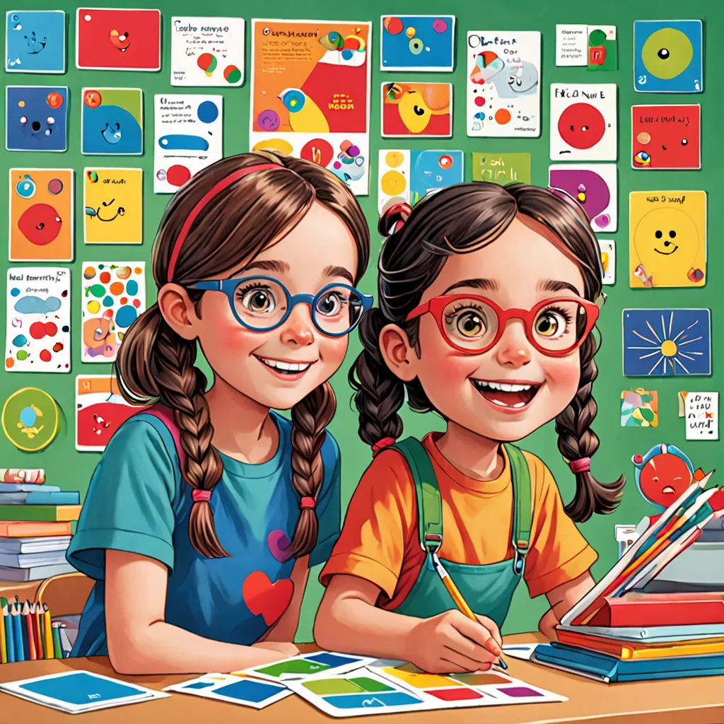 two girls are sitting at a desk with books and a book in front of them, and a green wall with pictures of children's faces, danube school, a storybook illustration, Diego Gisbert Llorens, comic cover art
