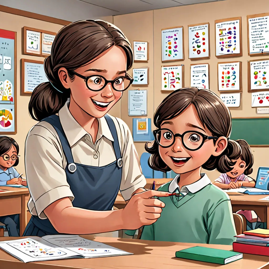 a woman teacher teaching a child in a classroom with other children in the background and a cartoon of a girl pointing at her, bengal school of art, a comic book panel, Ella Guru, comic cover art