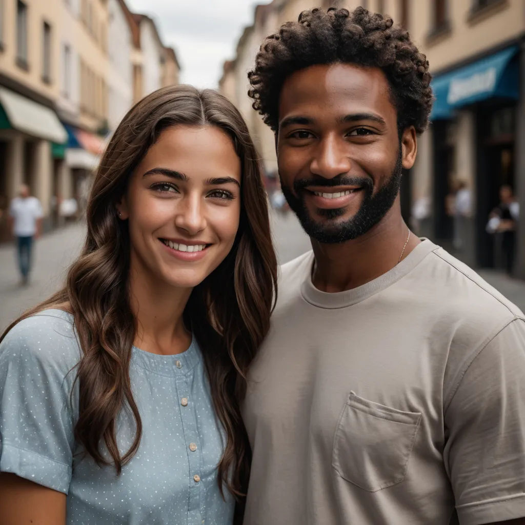 a man and a woman standing in front of a building on a street corner smiling for the camera with a man in the background, german romanticism, a stock photo, Christian Hilfgott Brand, portrait photography