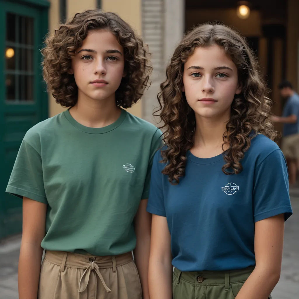 two young girls standing next to each other in front of a building with a green door and a green door, barbizon school, a stock photo, Christian Hilfgott Brand, product photo