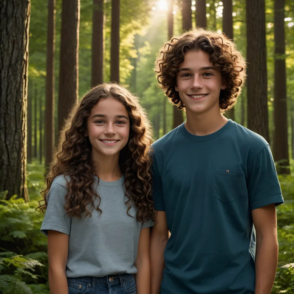 a boy and a girl standing in a forest with trees and grass in the background and sunlight shining through the trees, naturalism, a stock photo, Daniel Lieske, anamorphic lens flare
