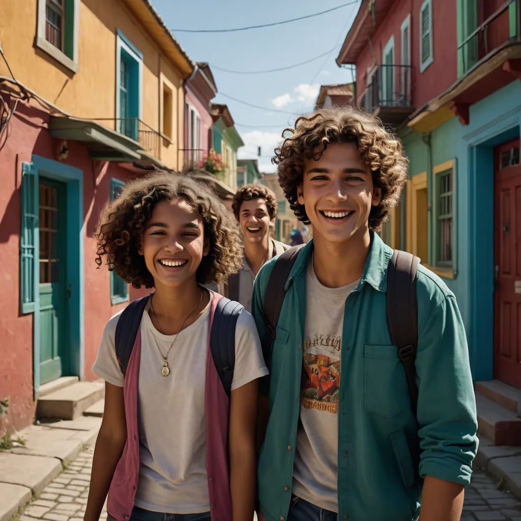 a group of people walking down a street next to buildings with green doors and windows on them and a man with a backpack, les automatistes, a poster, Chris LaBrooy, promotional image