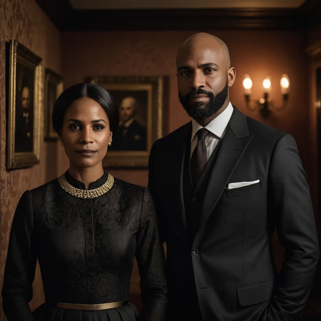a man and a woman standing in a room with a painting on the wall behind them and a portrait of a man in a suit and tie, international gothic, a portrait, Felix-Kelly, promotional image