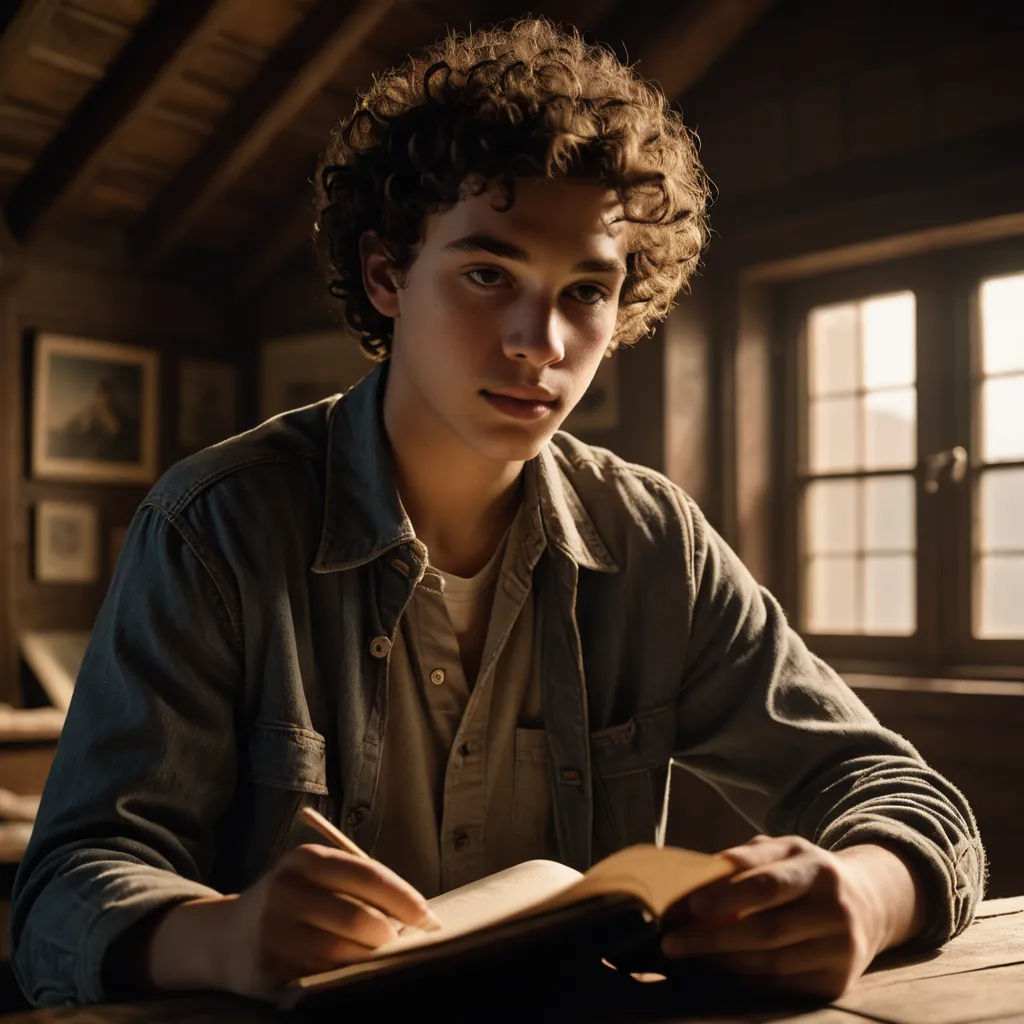 a young man sitting at a table with a book in his hand and looking at the camera with a serious look on his face, serial art, a character portrait, Anthony Angarola, promotional image