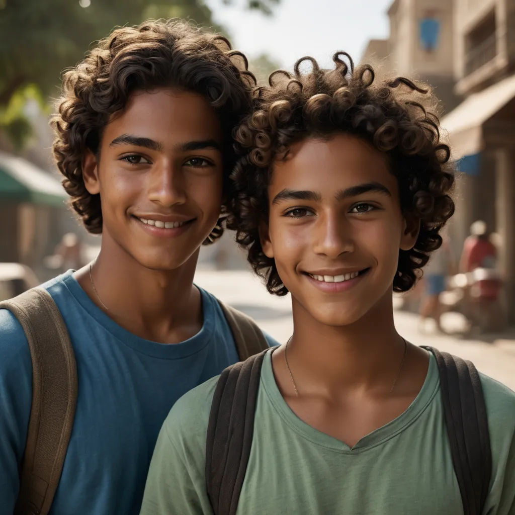 two young men standing next to each other on a street corner smiling for the camera with a backpack on, samikshavad, a stock photo, Andries Both, promotional image