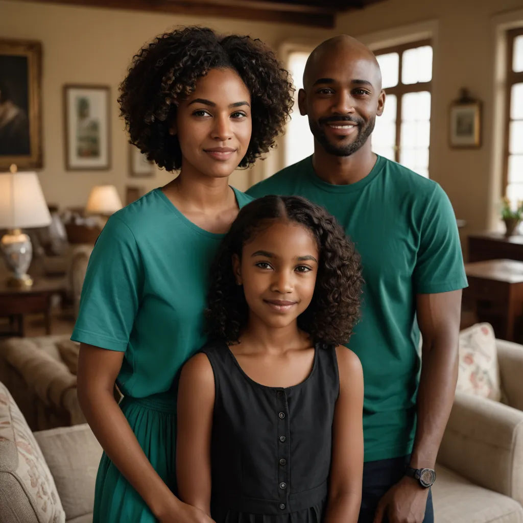 a man and woman standing next to a little girl in a living room with a couch and a table, american barbizon school, a stock photo, Darrell Riche, portrait photography
