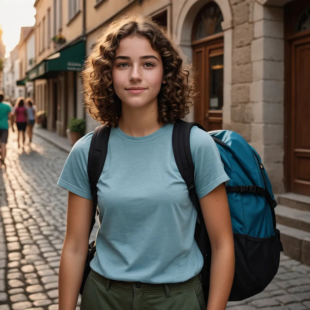 a woman with curly hair and a backpack on a street in a city with people walking by on the sidewalk, barbizon school, a stock photo, Claire Falkenstein, girl