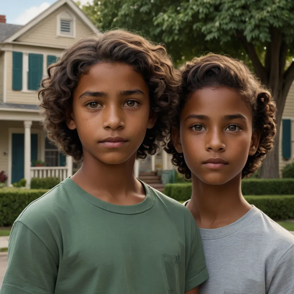 two young boys standing in front of a house with a house in the background and a tree in the foreground, antipodeans, a hyperrealistic painting, Felix-Kelly, promotional image
