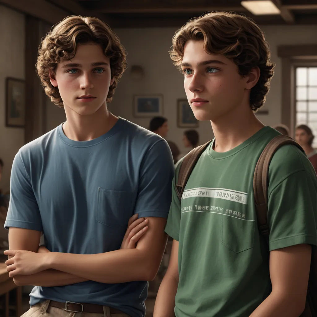 two young men standing next to each other in a room with people in the background and one man with a backpack, photorealism, a computer rendering, Brothers Hildebrandt, photoreal