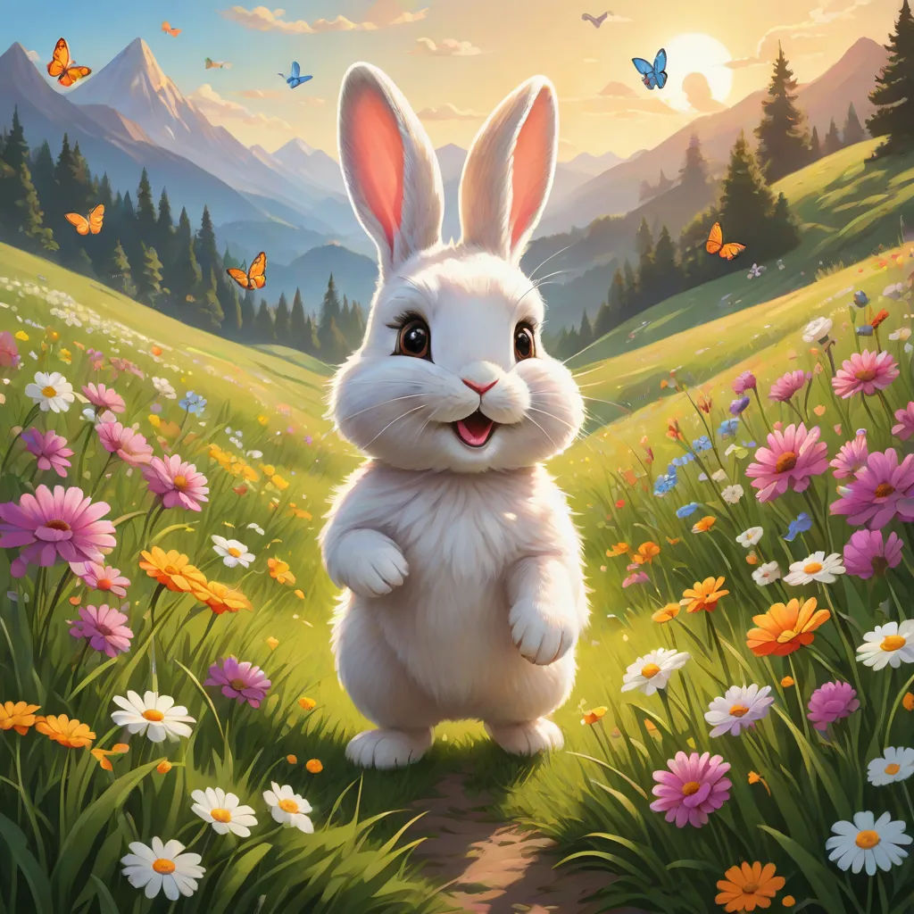 a painting of a bunny in a field of flowers with a butterfly flying overhead in the background and a mountain range in the background, furry art, an airbrush painting, Chris LaBrooy, official art