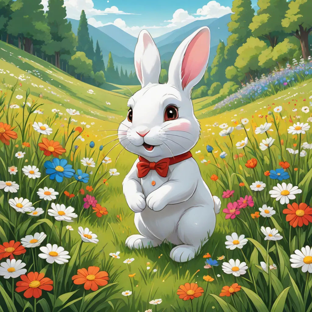 a white rabbit sitting in a field of flowers with a red bow tie on it's neck and a mountain in the background, naive art, a storybook illustration, Beatrix Potter, rossdraws global illumination