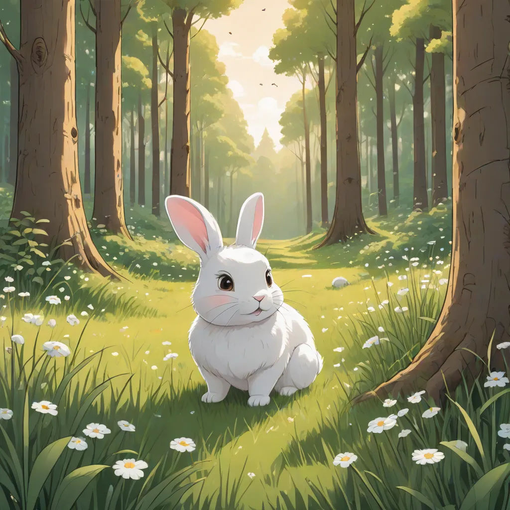 a white rabbit sitting in the middle of a forest with daisies around it and trees in the background, furry art, a storybook illustration, Chris LaBrooy, rossdraws global illumination